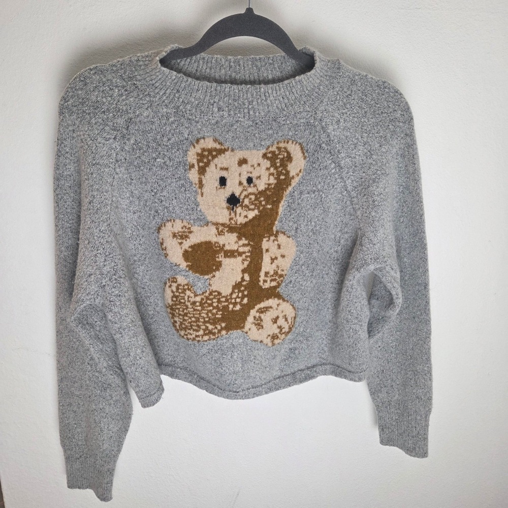 Agua Blues Gray Cropped Teddy Bear‎ Knit Sweater Womens Medium Crew Neck Raglan